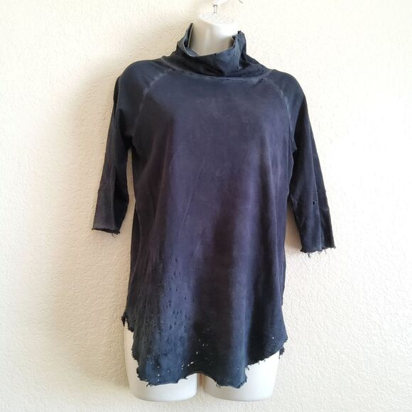 NWOT Black Cashmere Distressed Distroyed Ripped Turtleneck Jersey Knit Top S - Picture 1 of 9